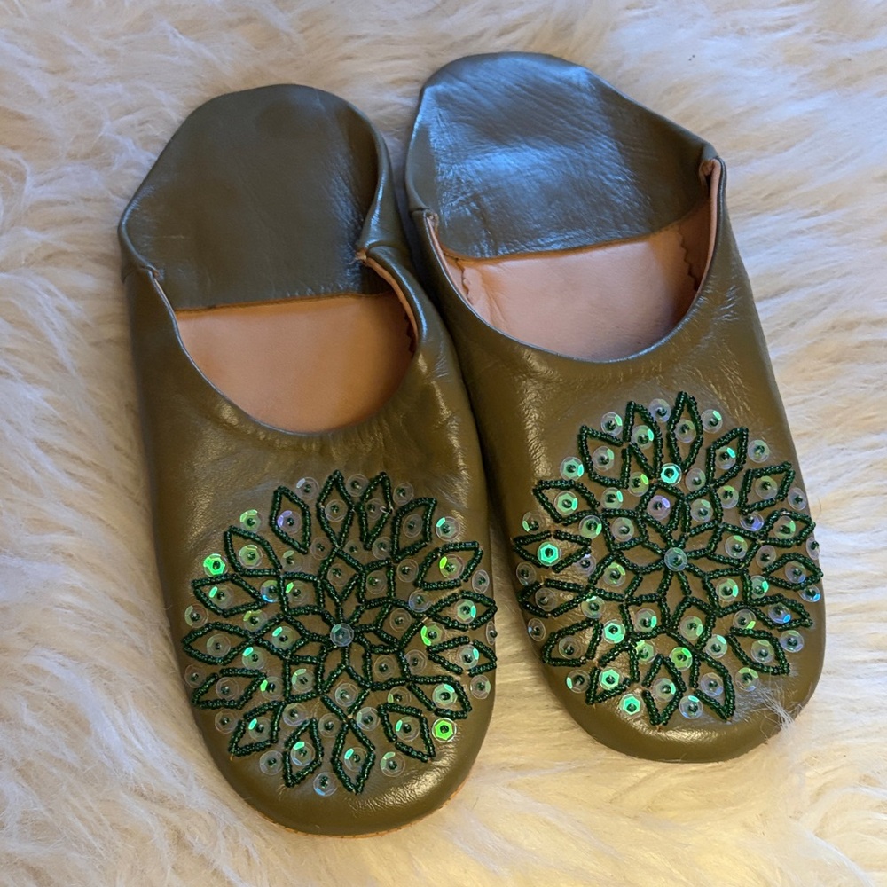 Olive Green beaded slip-on flats